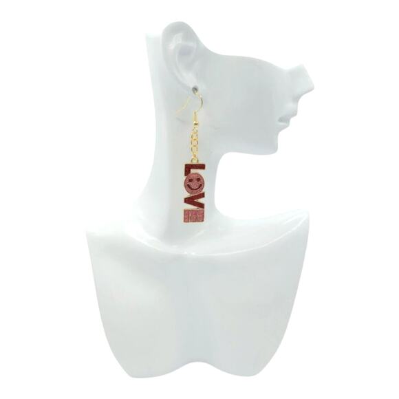 Glitter LOVE Smiley Face Earrings ✨ Y2K Retro Red Pink Gold Dangle - Picture 3 of 3
